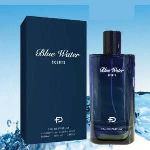 a blue bottle of perfume next to a box Blue Water Perfume
