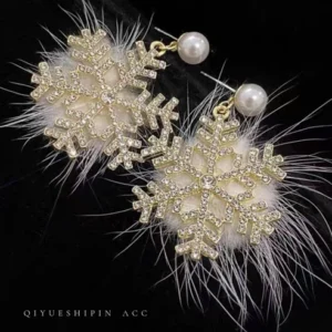 Christmas Snowflake Earrings Women's Full Diamond Pearl Plush Earrings in gold