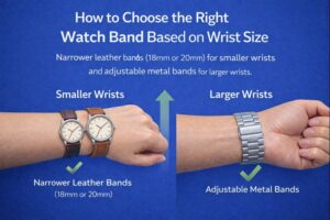"Infographic showing how to choose the right watch band: narrower leather bands (18mm or 20mm) for smaller wrists and adjustable metal bands for larger wrists, with green checkmarks."