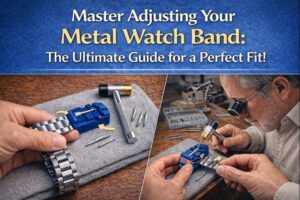 Infographic titled 'Master Adjusting Your Metal Watch Band: The Ultimate Guide for a Perfect Fit,' featuring step-by-step visuals of a person using tools to adjust a watch band, alongside a watchmaker at work