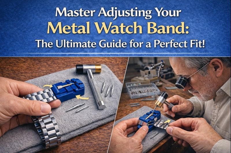 Infographic titled 'Master Adjusting Your Metal Watch Band: The Ultimate Guide for a Perfect Fit,' featuring step-by-step visuals of a person using tools to adjust a watch band, alongside a watchmaker at work
