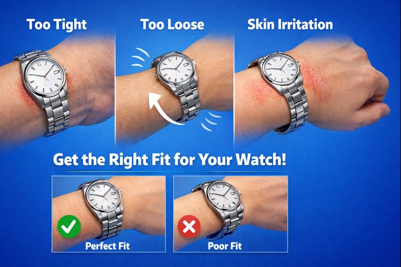 Stainless steel analog wristwatch showing tight, loose, and irritated fits with a comparison of perfect and poor fit for optimal wristwear comfort