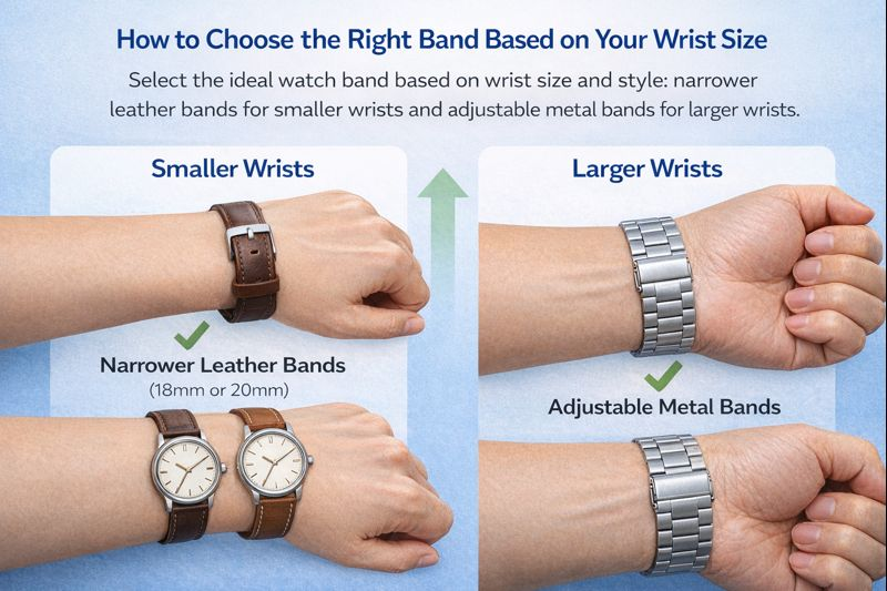 Infographic showing how to choose the right watch band based on wrist size: narrower leather bands (18mm or 20mm) for smaller wrists and adjustable metal bands for larger wrists