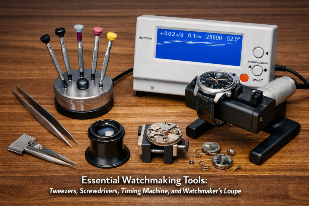 A well-organized set of watchmaking tools, including tweezers, screwdrivers, a timing machine, and a watchmaker's loupe, essential for precise watch repairs
