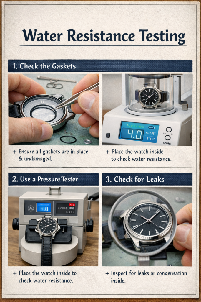 Infographic showing three steps for testing a watch's water resistance: checking the gaskets for damage, using a pressure tester to assess resistance, and inspecting for leaks with a magnifying glass