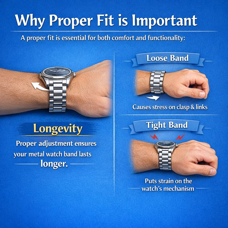Infographic illustrating the importance of proper watch band fit, showing the effects of loose and tight bands on comfort, longevity, and watch functionality.