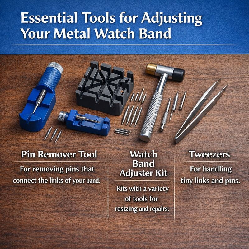 A photo showcasing four key tools for resizing metal watch bands: pin remover, watch band adjuster kit, small hammer, and tweezers, each with labeled descriptions