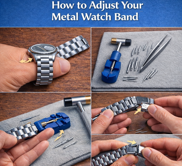 Infographic demonstrating how to adjust a metal watch band with clear steps: identifying removable links, using a pin remover tool, and reattaching the band, with close-up images of the tools and process