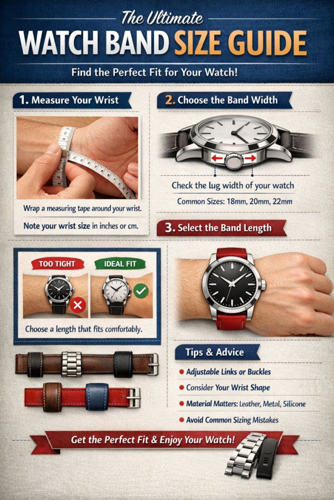 Infographic showing the process of choosing the right watch band size: measuring your wrist, selecting the correct band width and length, and helpful tips for a comfortable fit