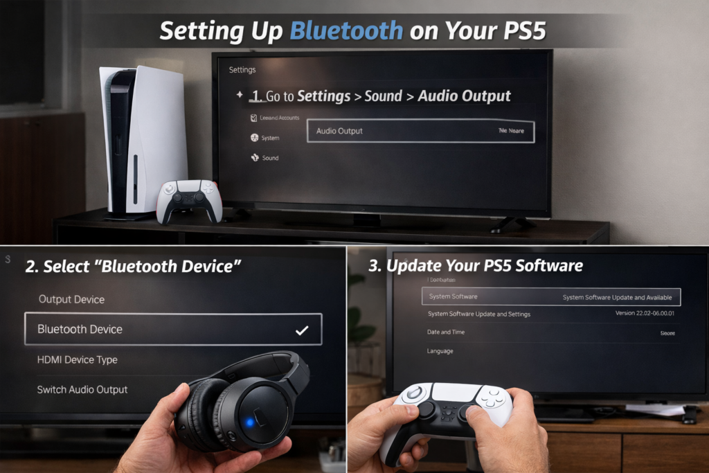 Step-by-step guide to setting up Bluetooth on PS5, showing the process of navigating to audio output settings, selecting Bluetooth device, and updating PS5 software