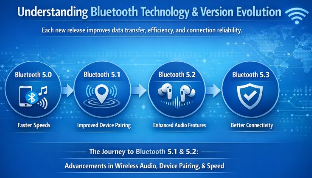 Bluetooth technology evolution infographic showing Bluetooth 5.0, 5.1, 5.2, and 5.3 improvements in speed, pairing, audio features, and connectivity.