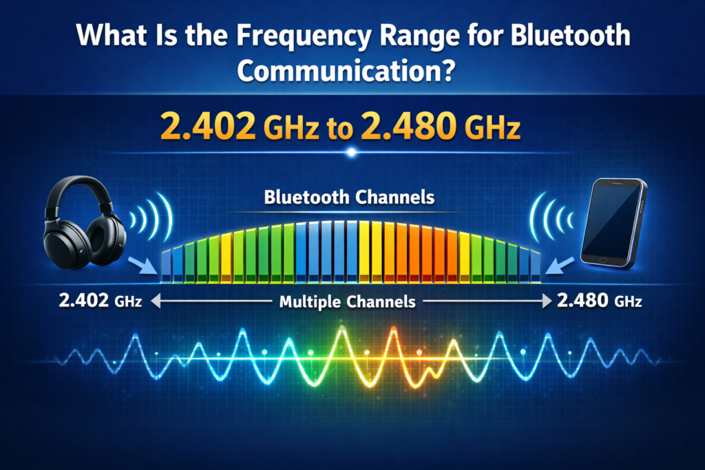 Frequency for Bluetooth communication range showing 2.402 GHz to 2.480 GHz spectrum and Bluetooth channels