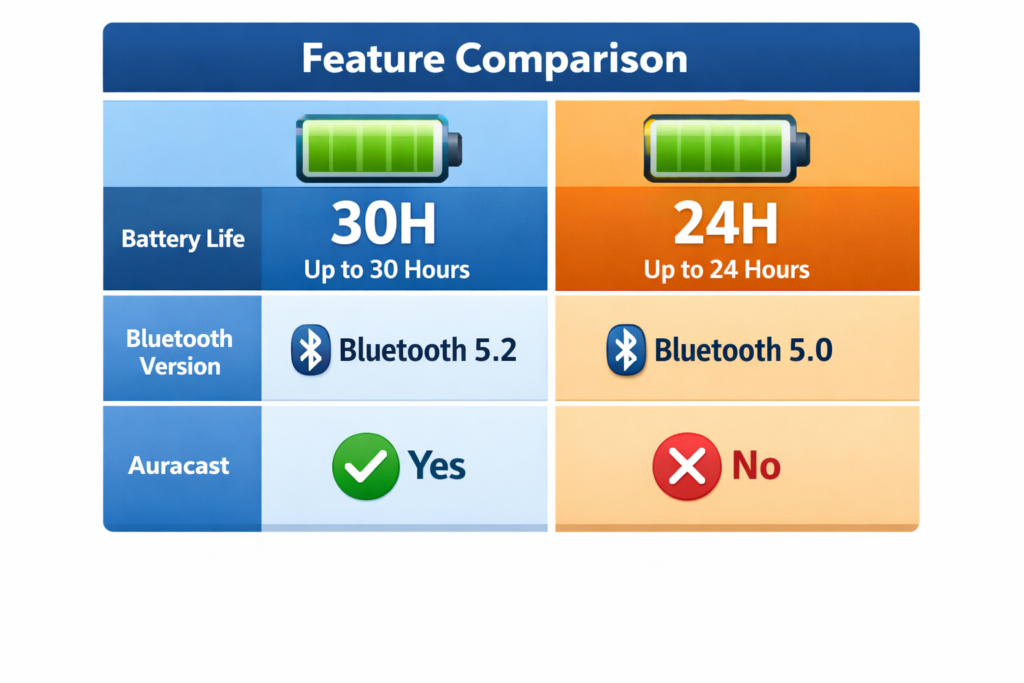 Uohhboe Bluetooth 5.4 30H vs 5.3 24H specs comparison table showing battery, Bluetooth version, and features