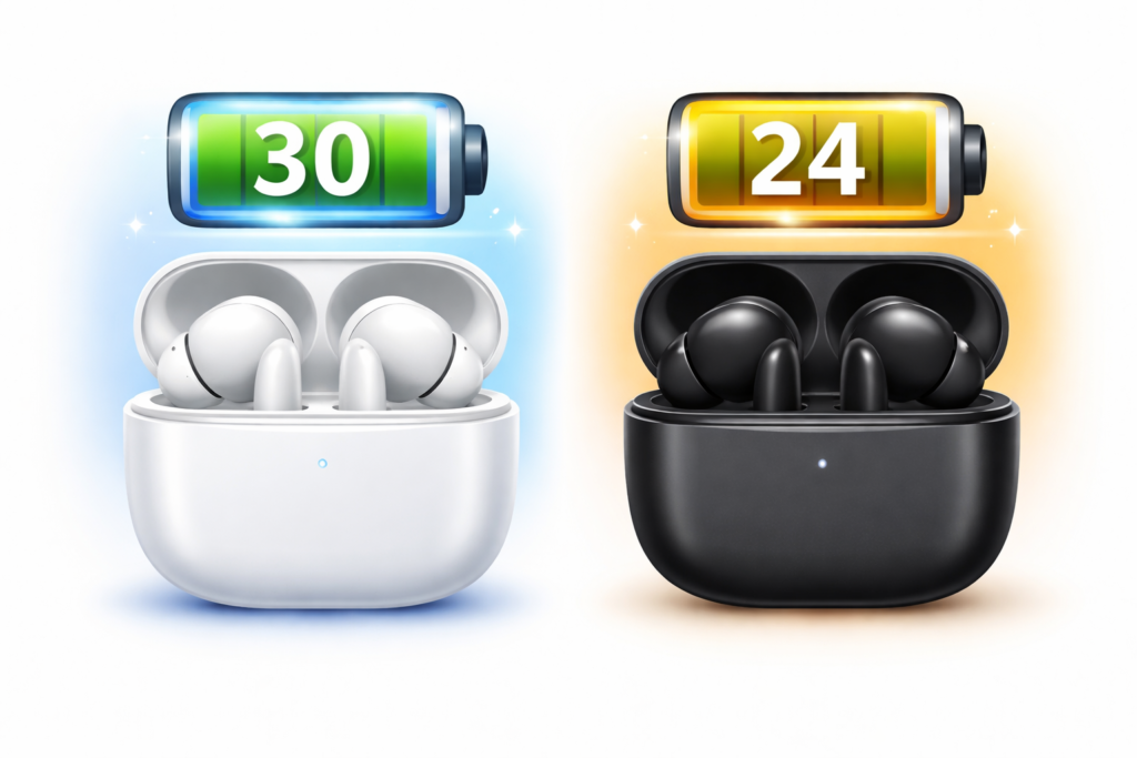Uohhboe Bluetooth 5.4 30H total battery life vs Bluetooth 5.3 24H battery comparison with charging case