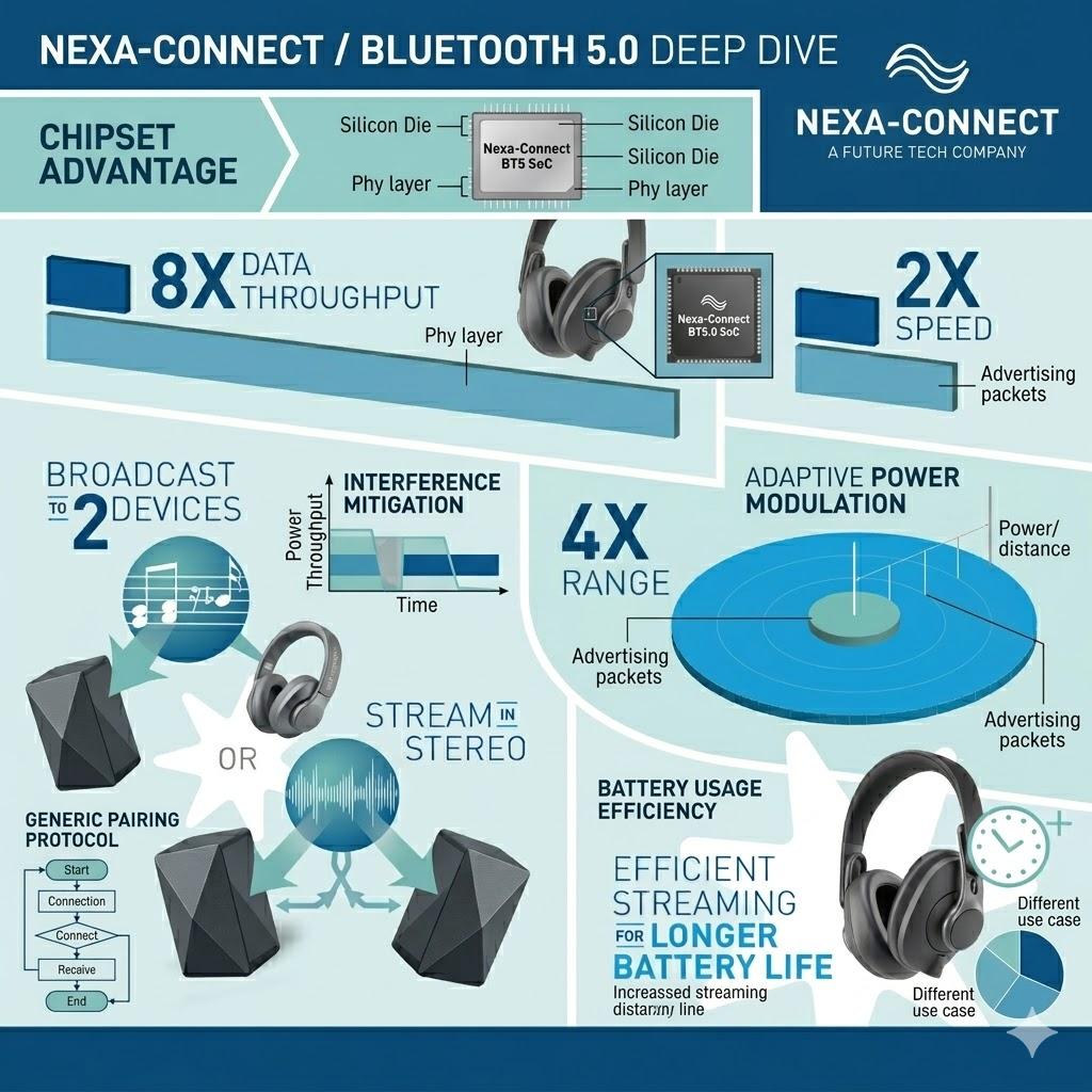 A detailed infographic with a blue and teal color scheme providing a deep dive into Nexa-Connect Bluetooth 5.0.