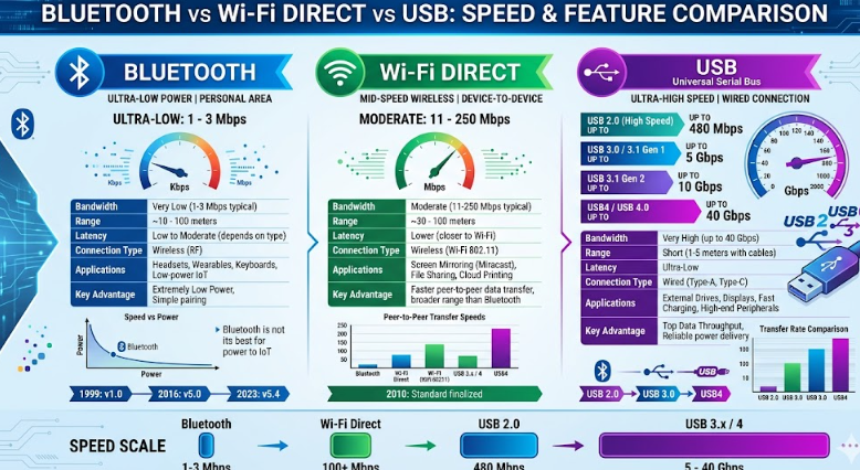 An infographic comparing the speeds and features of Bluetooth, Wi-Fi Direct, and USB technologies.

The graphic is titled "BLUETOOTH vs Wi-Fi DIRECT vs USB: SPEED & FEATURE COMPARISON" with a dark blue circuit board background.
