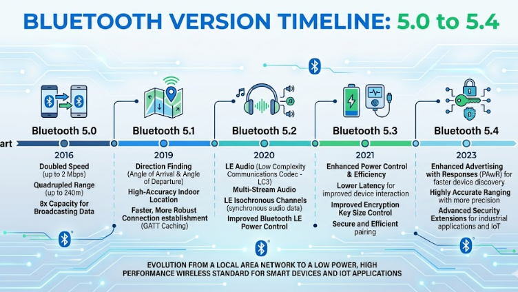 BLUETOOTH VERSION TIMELINE: 5.0 to 5.4," presented as a horizontal progression on a circuit board background with several Bluetooth logos. Each of the five milestones is clearly labeled with a version number, a release year, a dedicated icon, and a bulleted list of key technical improvements.